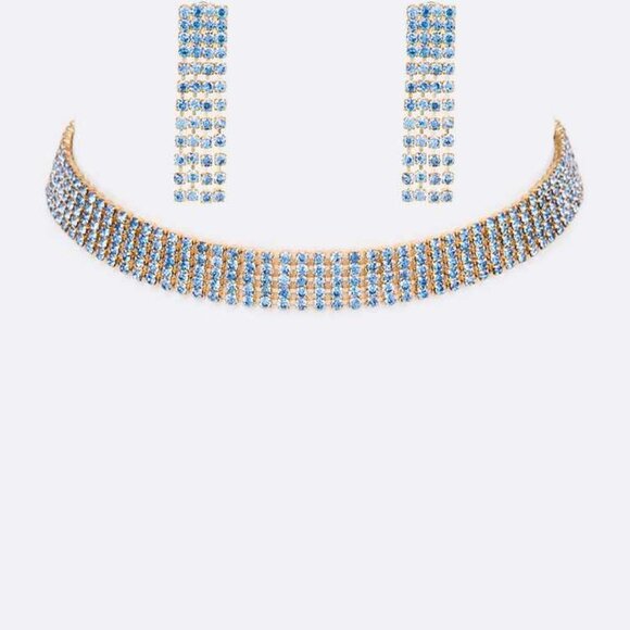 5 Row Color Crystal Rhinestone Choker Set - Gold/Blue - Picture 1 of 2